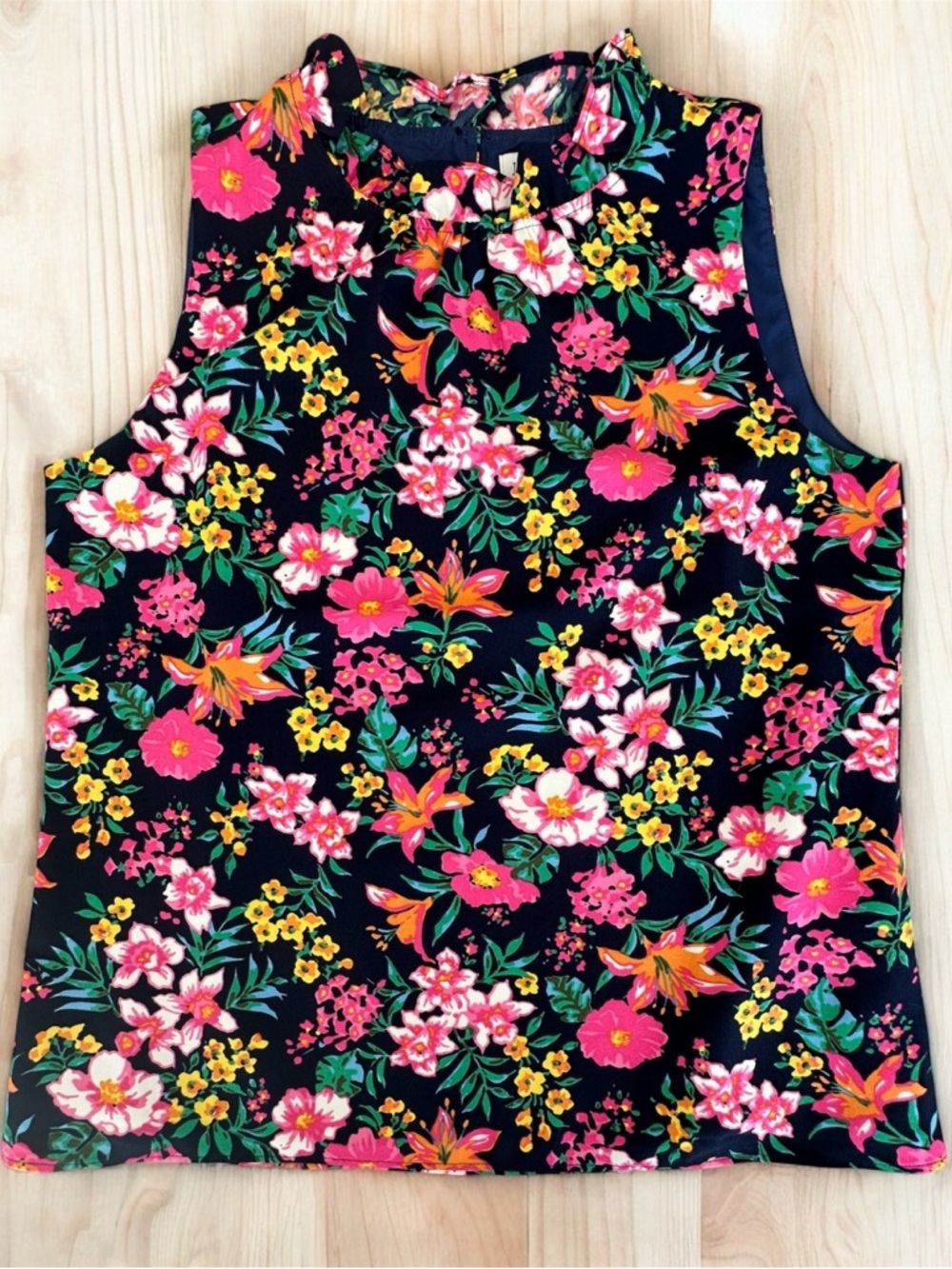 J. Crew Navy Midnight Floral Sleeveless Shell with Pink and Yellow Blooms